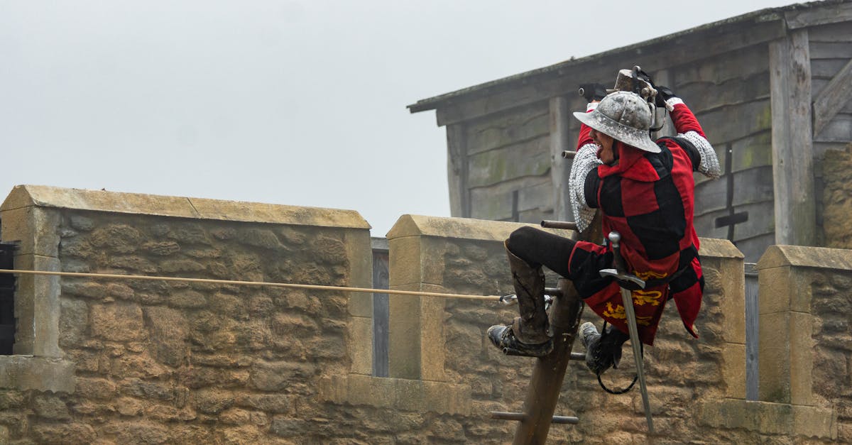A medieval knight in armor ziplining across a castle wall in an outdoor setting.