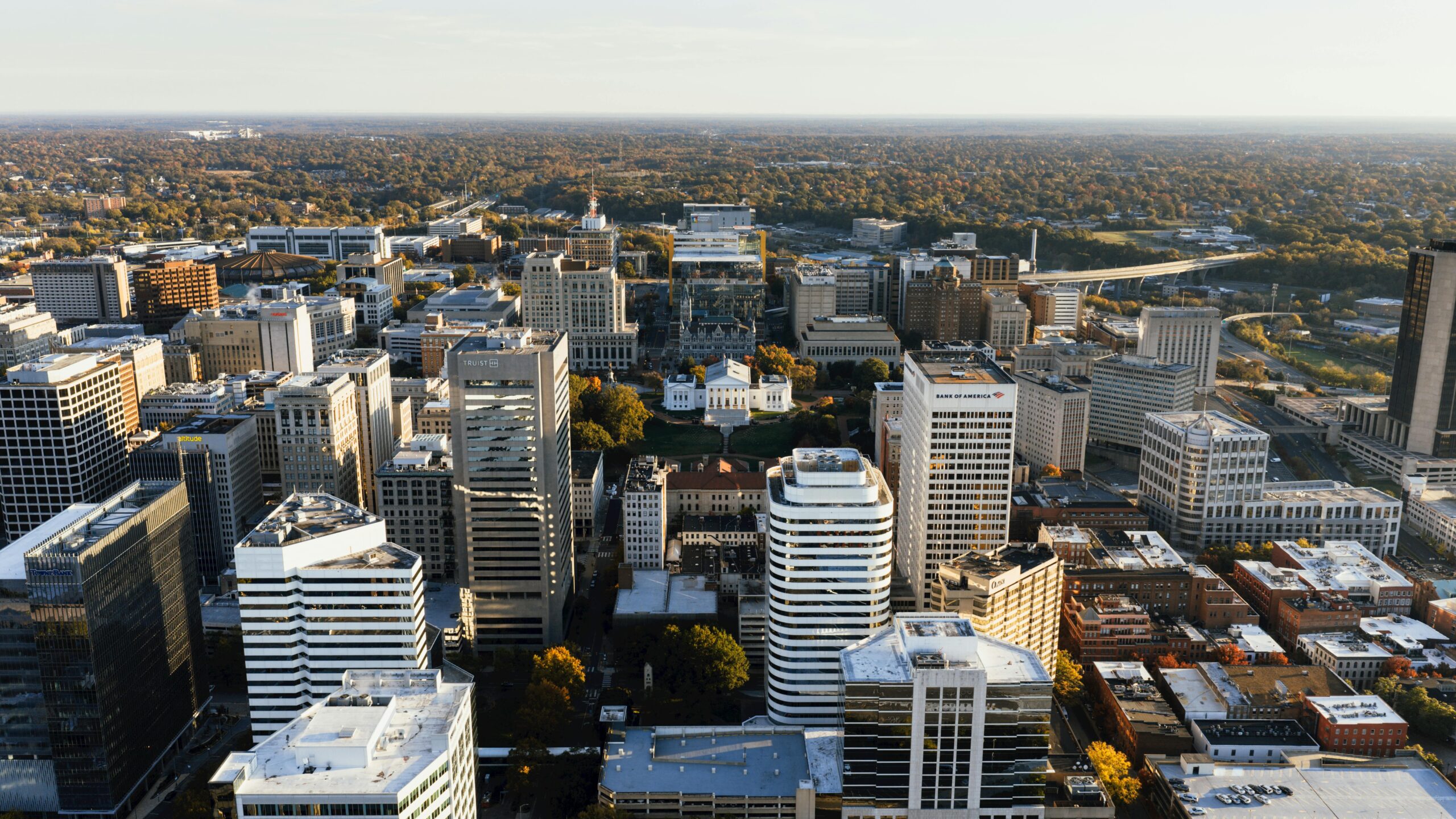 Aerial view of downtown Richmond, Virginia, capturing the city's skyline and architecture.