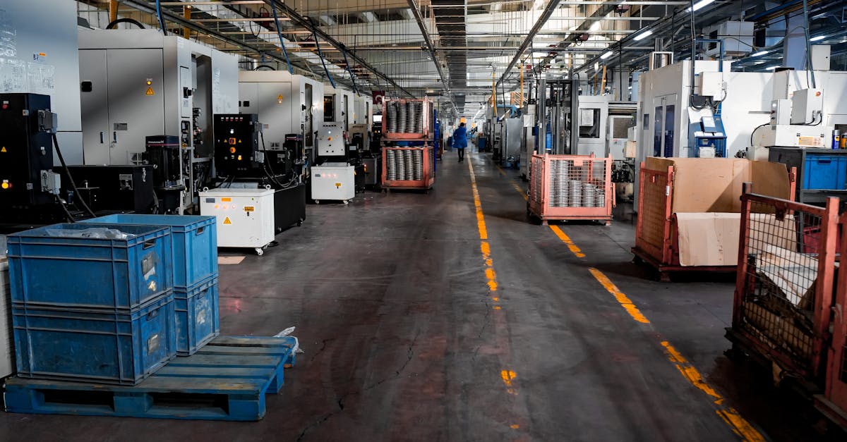 Vast industrial factory floor with machinery, crates, and structured workstations.